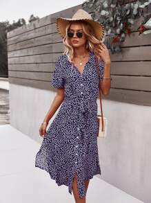 SHEIN VCAY 小碎花繫帶紐扣門襟洋裝 - 藏蓝色 - 查看 1