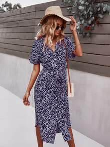 SHEIN VCAY 小碎花繫帶紐扣門襟洋裝 - 藏蓝色 - 查看 3