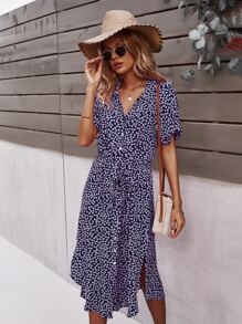 SHEIN VCAY 小碎花繫帶紐扣門襟洋裝 - 藏蓝色 - 查看 4