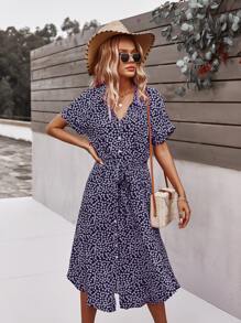 SHEIN VCAY 小碎花繫帶紐扣門襟洋裝 - 藏蓝色 - 查看 6