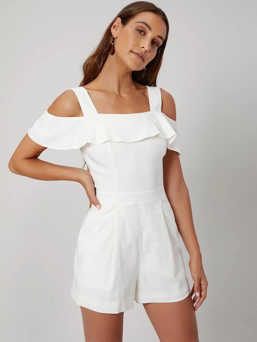 SHEIN Linen Cold Shoulder Romper - White - View 1