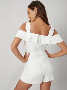 SHEIN Linen Cold Shoulder Romper - White - View 2