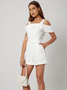 SHEIN Linen Cold Shoulder Romper - White - View 6