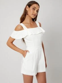 SHEIN Linen Cold Shoulder Romper - White - View 8