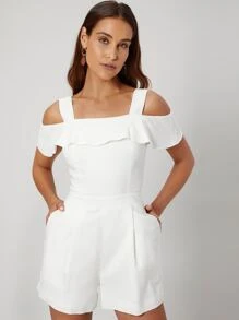SHEIN Linen Cold Shoulder Romper - White - View 9