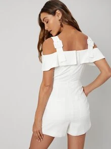 SHEIN Linen Cold Shoulder Romper - White - View 10