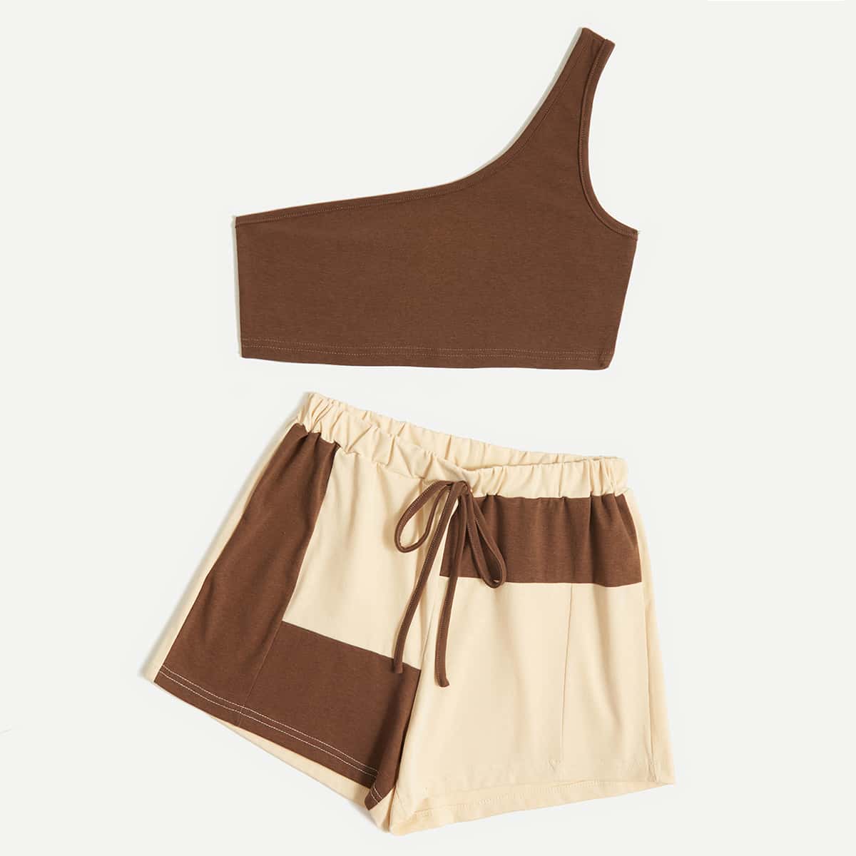 

Solid One Shoulder Crop Top & Colorblock Shorts, Multicolor