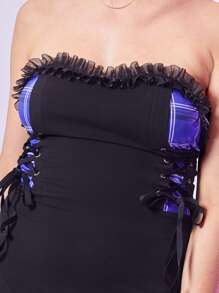 ROMWE PUNK Plus Contrast Plaid Panel Lace Up Tube Dress - Black - View 3