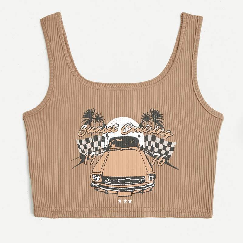 

Letter Car Graphic Ribbed Tank Top, Brown