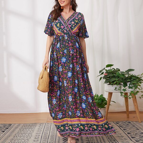 

Maternity Floral Print Surplice Neck Maxi Dress, Multicolor