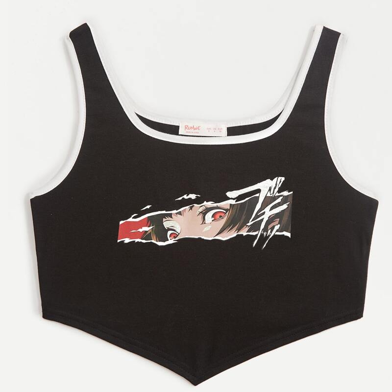 

Cartoon Figure Graphic Ringer Tank Top, Black