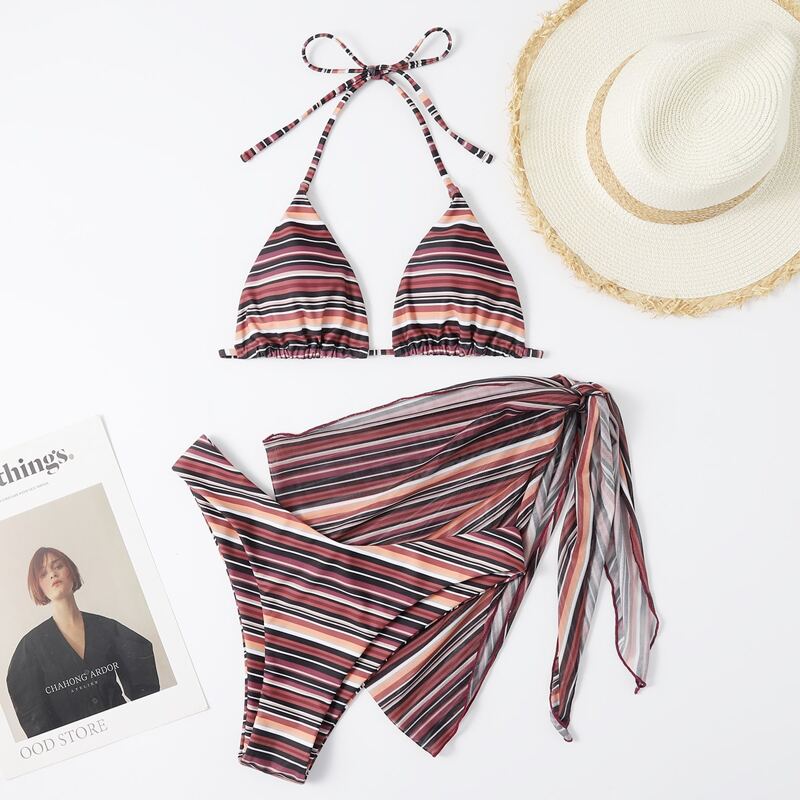 

3pack Striped Bikini Swimsuit With Beach Skirt, Multicolor