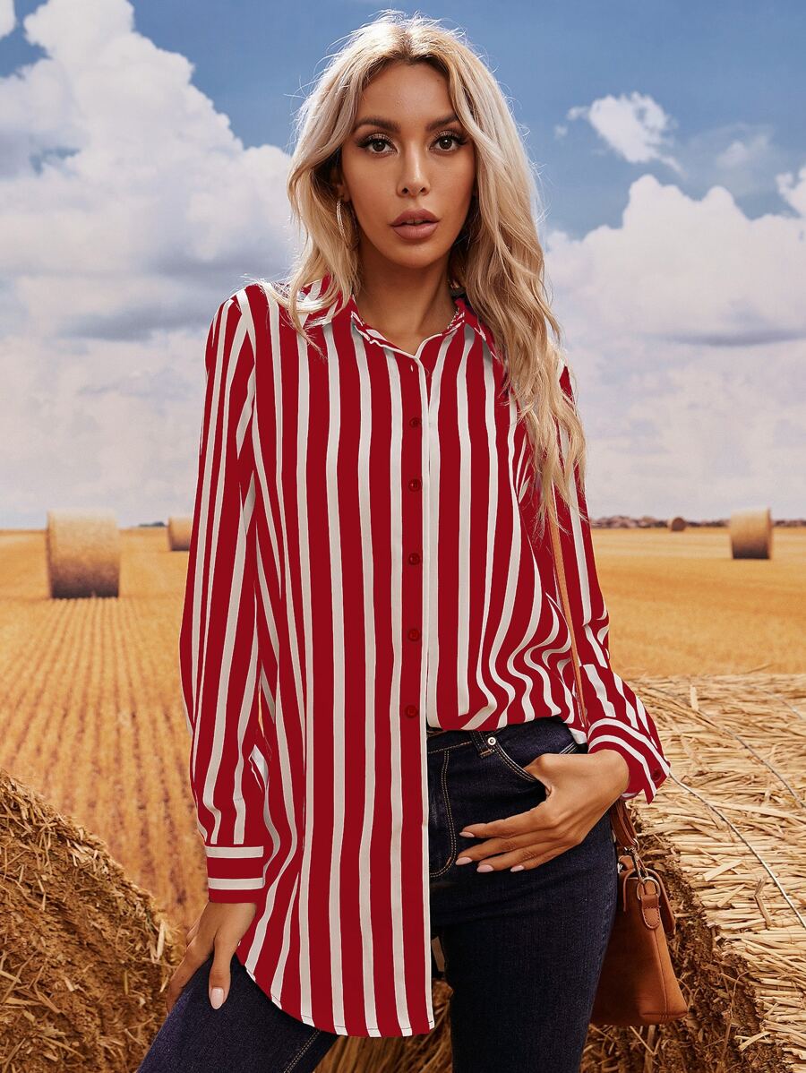 SHEIN LUNE Camisa larga de rayas con botón - Rojo y blanco - Ver 1