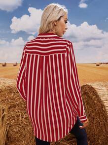 SHEIN LUNE Camisa larga de rayas con botón - Rojo y blanco - Ver 2