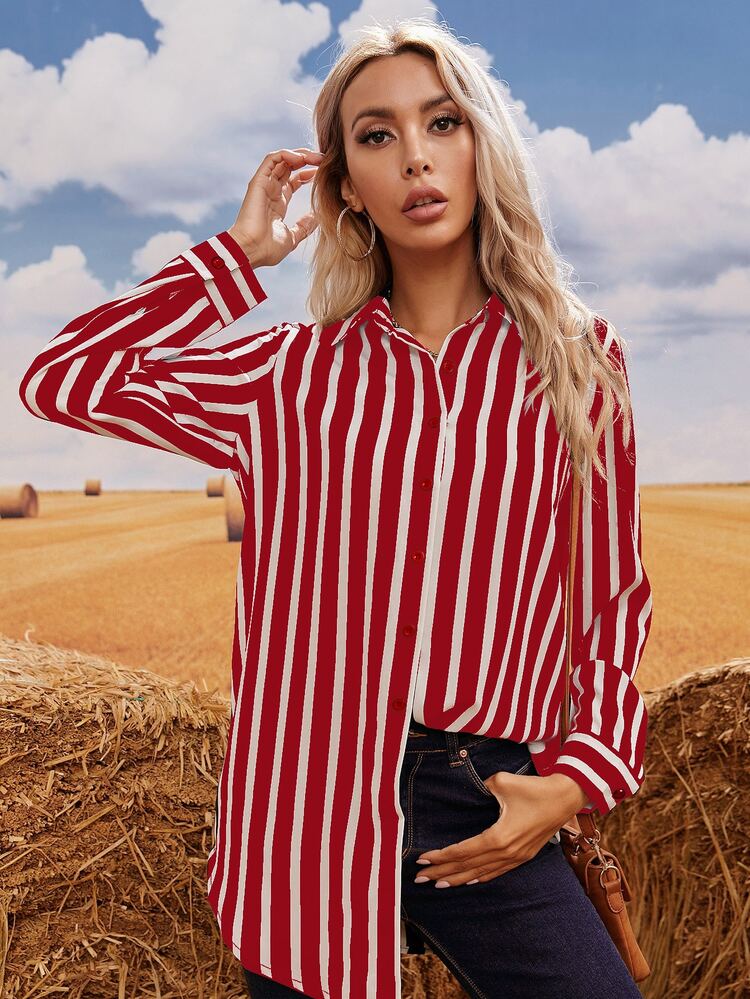 SHEIN LUNE Striped Button Through Longline Blouse - Red and White - View 4