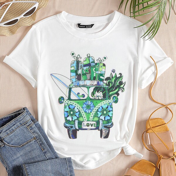 

Car And Floral Print Tee, White