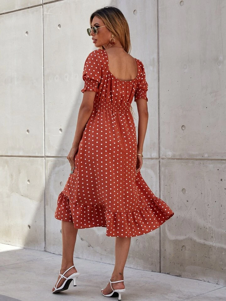 Our Polka Dot Shirred Waist Dress is such a vibe - ROMWE