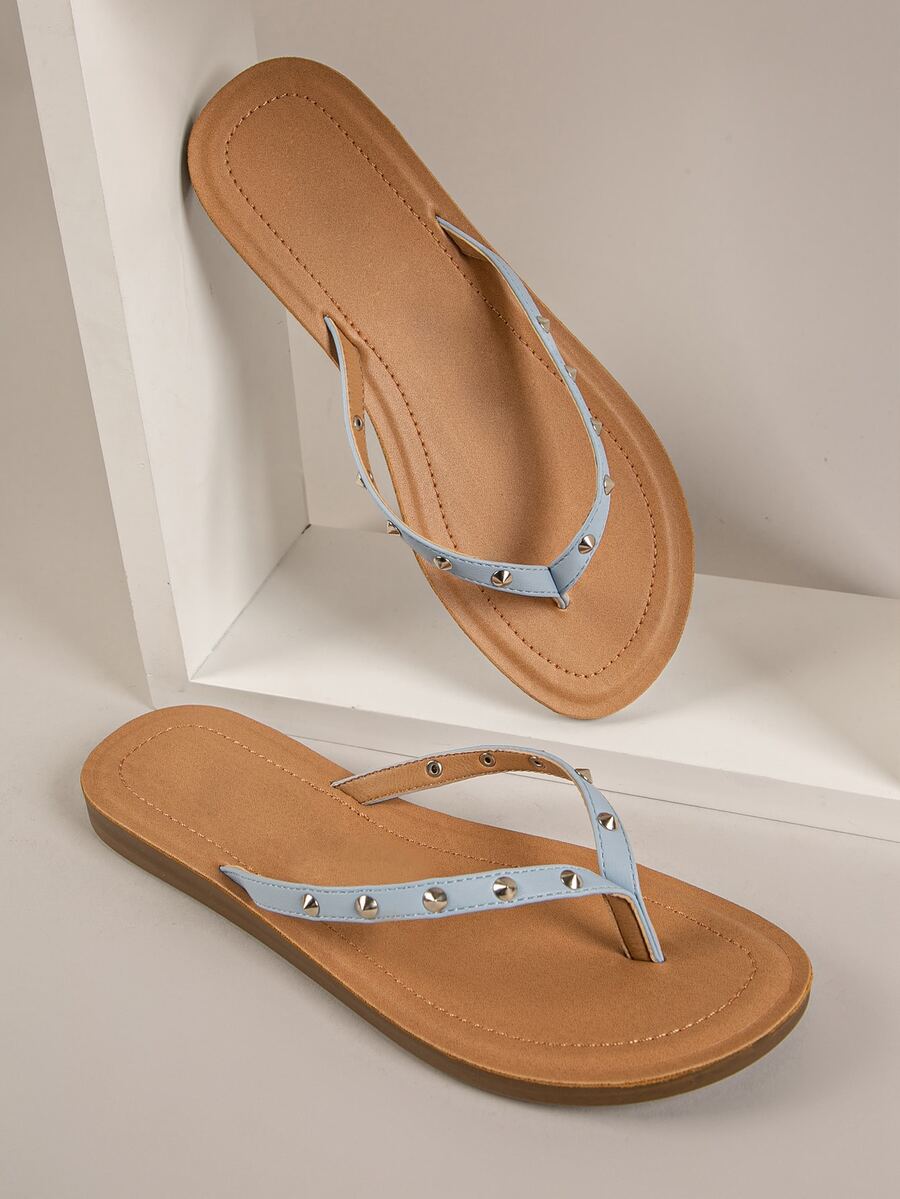 鉚釘皮革夾趾涼鞋 - 霧霾藍 - 查看 1