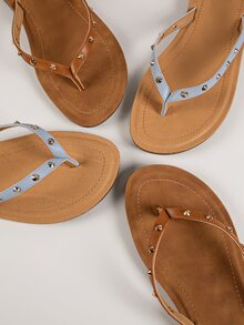 鉚釘皮革夾趾涼鞋 - 霧霾藍 - 查看 2