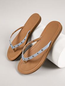 鉚釘皮革夾趾涼鞋 - 霧霾藍 - 查看 3