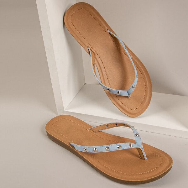 

Studded Pleather Toe-Thong Sandals, Dusty blue