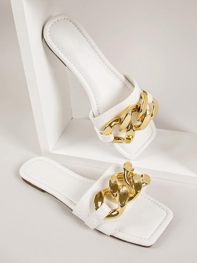 Pleather Chain Decor Square Toe Sandals - White - View 1