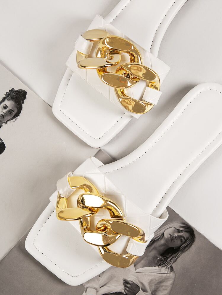 Pleather Chain Decor Square Toe Sandals - White - View 3