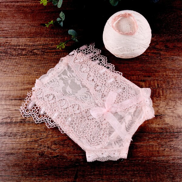 

Newborn Girl Photography Lace Tie Back Bodysuit With Accessory, Baby pink