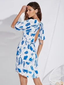 SHEIN 滿版圖案鏤空後洋裝 - 藍白色 - 查看 2