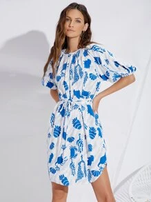 SHEIN 滿版圖案鏤空後洋裝 - 藍白色 - 查看 3