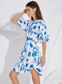 SHEIN 滿版圖案鏤空後洋裝 - 藍白色 - 查看 5