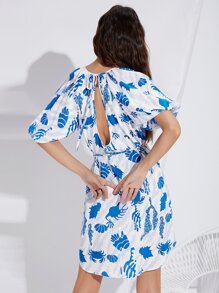 SHEIN 滿版圖案鏤空後洋裝 - 藍白色 - 查看 6