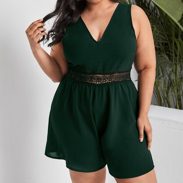 

Plus Solid Lace Insert Romper, Dark green
