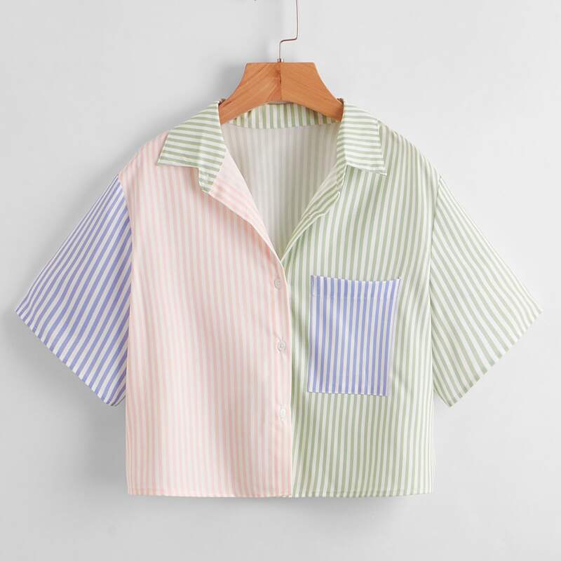 

Colorblock Striped Button Front Pocket Blouse, Multicolor