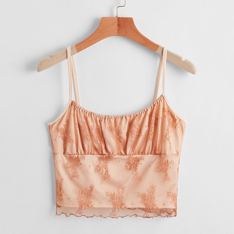 

Contrast Lace Ruched Bust Cami, Coral orange