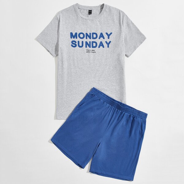 

Men Letter Graphic Tee & Shorts PJ Set, Multicolor