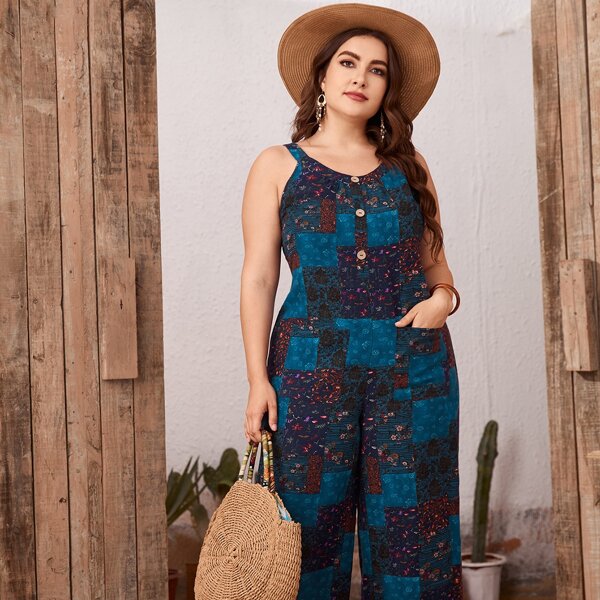 

Plus Ditsy Floral Button Front Jumpsuit, Multicolor