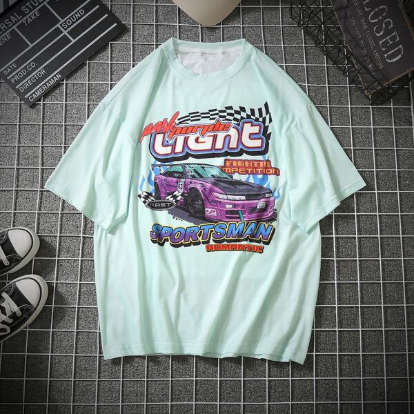 

Men Car And Letter Graphic Tee, Mint green