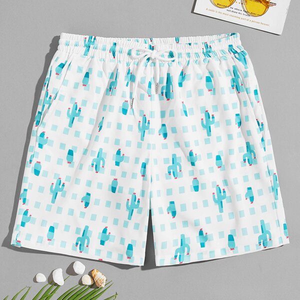 

Men Cactus Print Drawstring Waist Swim Trunks, Multicolor
