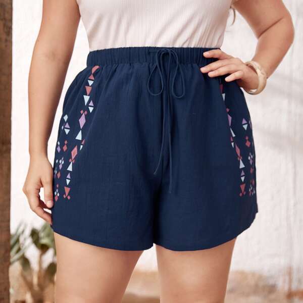 

Plus Tassel Tie Waist Geo Print Shorts, Navy blue