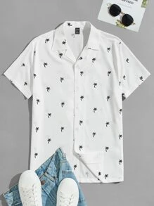 Manfinity VCAY Men Coconut Tree Print Slim Fit Short Sleeve Button Up Colorful Vacation Beach Shirt, Boyfriend Gift - White - View 1