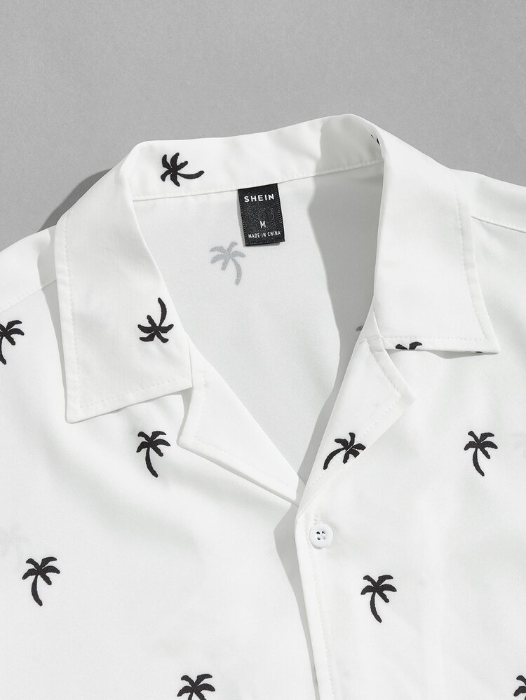 Manfinity VCAY 男士椰樹印花修身短袖鈕扣多色度假海灘襯衫，男友禮物 - 白色 - 查看 3