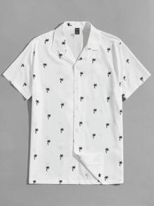 Manfinity VCAY Men Coconut Tree Print Slim Fit Short Sleeve Button Up Colorful Vacation Beach Shirt, Boyfriend Gift - White - View 4