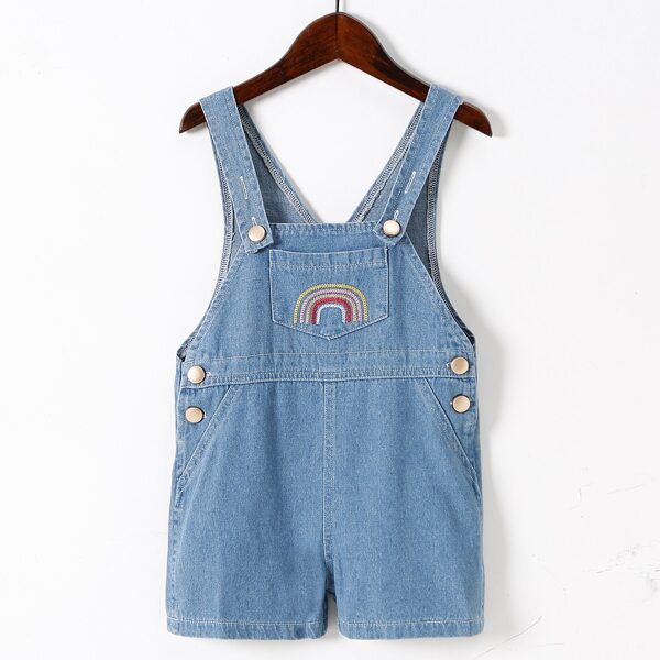 

Toddler Girls Rainbow Embroidery Denim Overall Romper, Medium wash