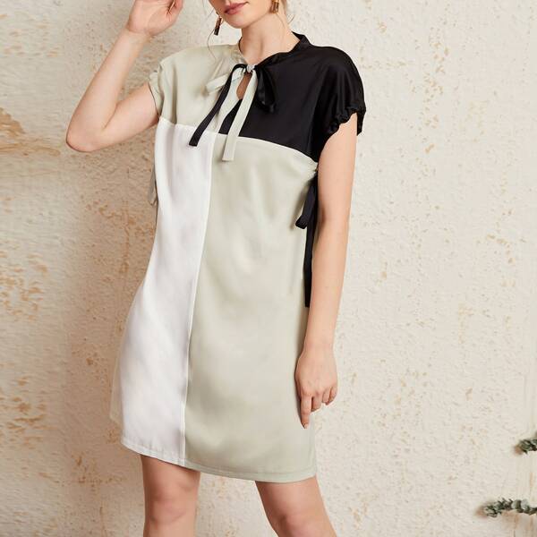 

Colorblock Tie Neck Tunic Dress, Multicolor