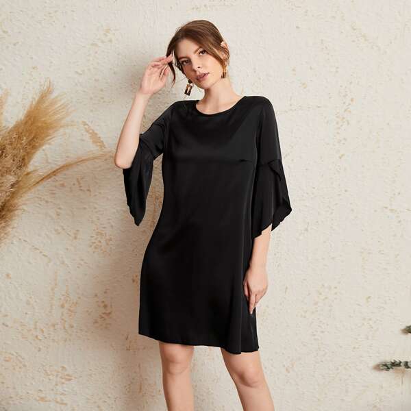 

Solid Flounce Sleeve Tunic Dress, Black