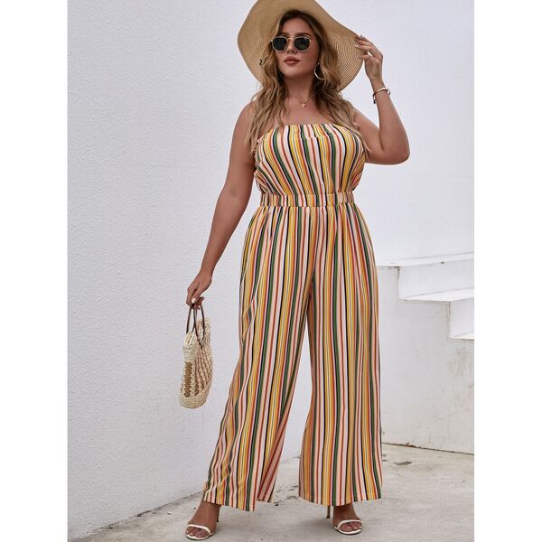 

Plus Striped Print Tube Jumpsuit, Multicolor