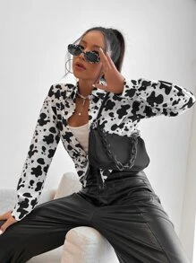 Cow Print Button Front Shirt - Black and White - View 3