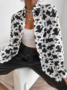 Cow Print Button Front Shirt - Black and White - View 6