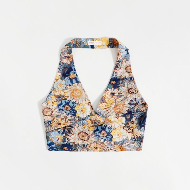 

Floral Print Bow Back Crop Halter Top, Multicolor